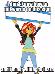 Size: 950x1278 | Tagged: safe, artist:manly man, derpibooru import, edit, sunset shimmer, equestria girls, colored pencil drawing, crossing the memes, exploitable meme, female, image macro, meme, protest, sign, simple background, solo, sunset is not willing to learn, sunset's board, traditional art, white background