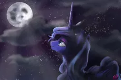 Size: 1080x720 | Tagged: safe, artist:candasaurus, derpibooru import, princess luna, alicorn, pony, cloud, full moon, lidded eyes, moon, night, solo, space, stars