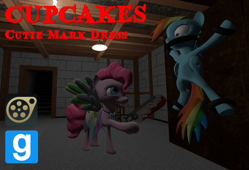 Size: 1127x768 | Tagged: semi-grimdark, artist:daemonbombinc, derpibooru import, pinkie pie, rainbow dash, pony, fanfic:cupcakes, 3d, blood, bondage, bonesaw, cutie mark dress, download at source, downloadable, gag, gmod, source filmmaker, straps