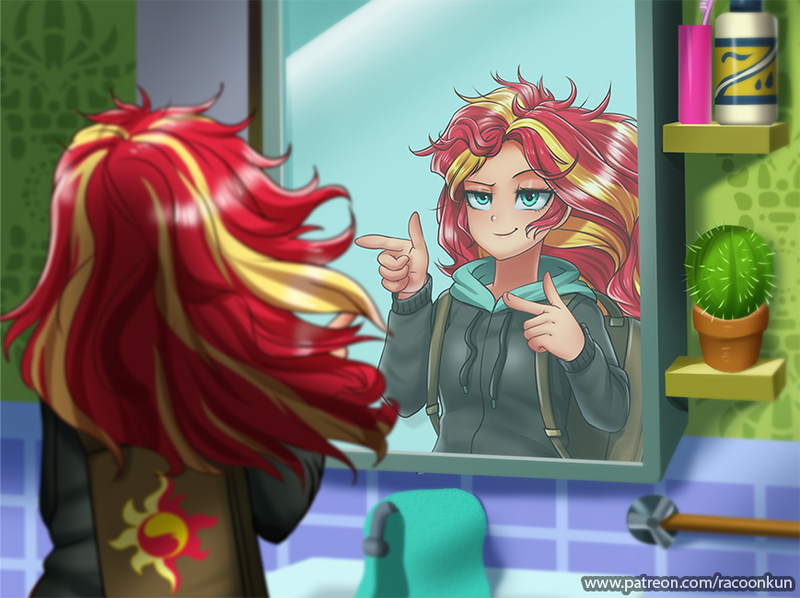 Size: 869x650 | Tagged: safe, artist:racoonsan, derpibooru import, sunset shimmer, human, eqg summertime shorts, equestria girls, monday blues, bathroom, bed hair, bottle, cactus, clothes, cute, female, finger gun, finger guns, hoodie, majestic as fuck, mane 'n tail, messy hair, mirror, nailed it, pointing, reflection, scene interpretation, shimmerbetes, smiling, solo, sunset's apartment, tired