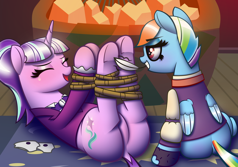 Size: 7500x5250 | Tagged: suggestive, artist:t.f.a.n.c.s., derpibooru import, rainbow dash, snowdash, snowfall frost, starlight glimmer, pegasus, pony, unicorn, a hearth's warming tail, absurd resolution, bedroom eyes, bondage, bottomless, clothes, crying, erotic tickling, eyes closed, feather, featureless crotch, female, fetish, hoof tickling, lesbian, lying, mare, on back, rope, rope bondage, spats, tickle fetish, tickle torture, tickling, tied up