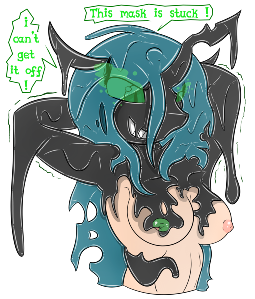 Size: 2768x3245 | Tagged: artist:skyspeardraw, breasts, bust, corrupted, derpibooru import, dialogue, female, latex, mask, nipples, nudity, queen chrysalis, questionable, rubber, simple background, solo, solo female, text, transformation, transparent background