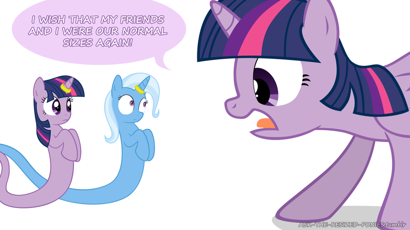 Size: 1280x720 | Tagged: safe, artist:pegachess, derpibooru import, trixie, twilight sparkle, twilight sparkle (alicorn), alicorn, genie, pony, ask the resized ponies, female, giant pony, horn ring, lesbian, macro, shipping, size difference, twixie