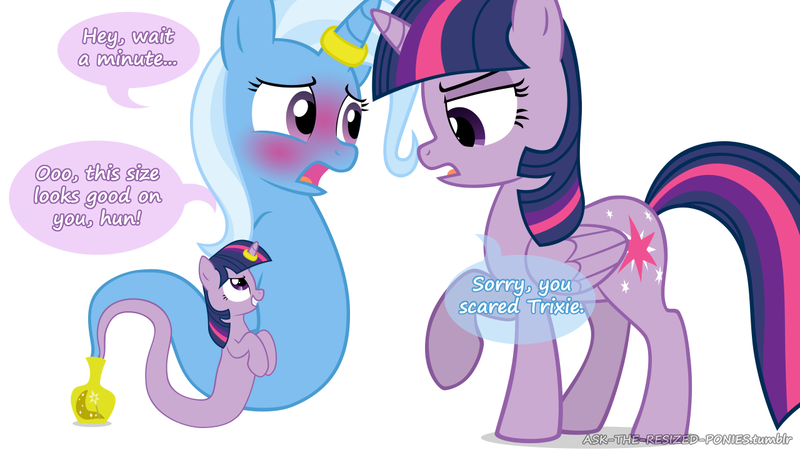 Size: 1280x720 | Tagged: safe, artist:pegachess, derpibooru import, trixie, twilight sparkle, twilight sparkle (alicorn), alicorn, genie, pony, ask the resized ponies, female, giant pony, horn ring, lesbian, macro, shipping, size difference, twixie