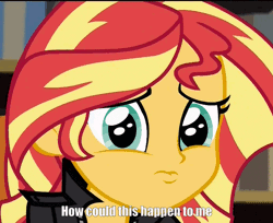 Size: 676x552 | Tagged: safe, derpibooru import, edit, edited screencap, screencap, sunset shimmer, equestria girls, animated, bust, gif, how could this happen to me, image macro, meme, portrait, pouting, sad, simple plan, solo, song reference, untitled (song)