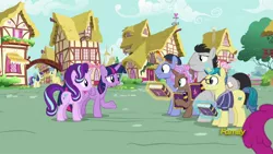 Size: 1920x1080 | Tagged: safe, derpibooru import, screencap, bon bon, butter up, cocoa candy, first edition, goldengrape, royal gambit, sir colton vines iii, starlight glimmer, sweetie drops, twilight sparkle, twilight sparkle (alicorn), alicorn, earth pony, pony, unicorn, fame and misfortune, book, discovery family logo, female, friendship journal, magic, magic aura, male, mare, ponyville, stallion, telekinesis