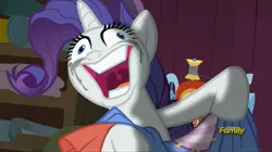 Size: 1669x933 | Tagged: safe, derpibooru import, screencap, rarity, pony, fame and misfortune, crazy face, crying, derp, faic, insanity, it begins, marshmelodrama, meme origin, nightmare fuel, rariderp, rarisnap, solo, why i'm creating a gown darling