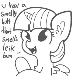 Size: 1650x1650 | Tagged: safe, artist:tjpones, derpibooru import, twilight sparkle, twilight sparkle (alicorn), alicorn, pony, black and white, chest fluff, cute, dialogue, ear fluff, female, grayscale, insult, mare, monochrome, open mouth, simple background, sketch, smiling, solo, white background