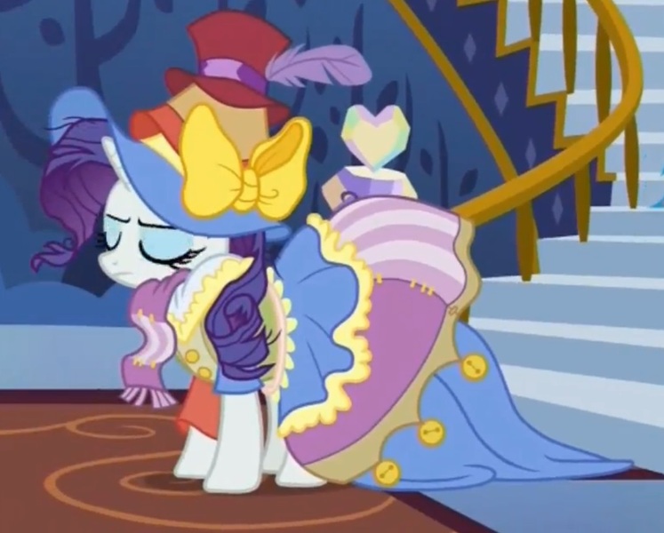 Size: 1016x816 | Tagged: safe, derpibooru import, screencap, rarity, pony, fame and misfortune, clothes, dress, stress couture