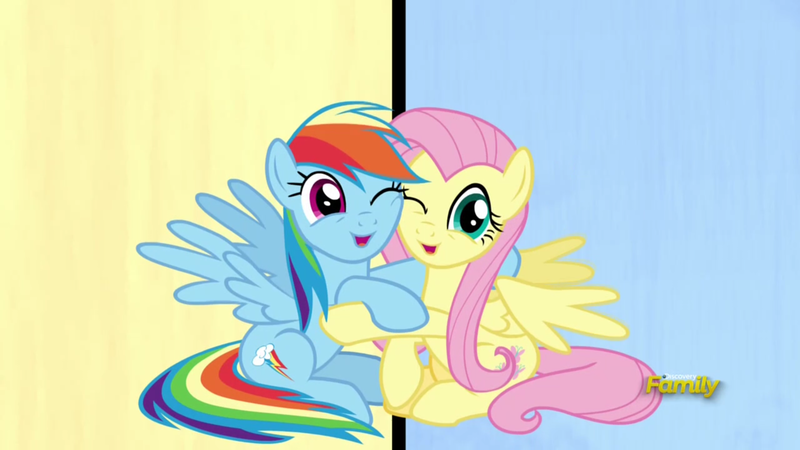 Size: 1920x1080 | Tagged: safe, derpibooru import, screencap, fluttershy, rainbow dash, pegasus, pony, fame and misfortune, cute, dashabetes, duo, female, flawless, hug, looking at you, mare, one eye closed, open mouth, shyabetes, smiling