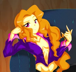 Size: 739x696 | Tagged: suggestive, artist:trainbang, derpibooru import, adagio dazzle, equestria girls, rainbow rocks, breasts, clothes, female, looking at you, open clothes, sitting, solo, solo female, stupid sexy adagio dazzle