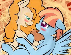 Size: 3300x2550 | Tagged: suggestive, artist:skyflys, derpibooru import, pear butter, windy whistles, earth pony, pegasus, pony, parental glideance, the perfect pear, abstract background, blushing, crack shipping, drool, drool string, female, infidelity, kissing, lesbian, shipping, spread wings, windybutter, wings