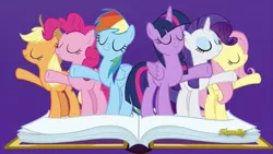 Size: 914x514 | Tagged: safe, derpibooru import, screencap, applejack, fluttershy, pinkie pie, rainbow dash, rarity, twilight sparkle, twilight sparkle (alicorn), alicorn, pony, fame and misfortune, book, discovery family logo, flawless, mane six