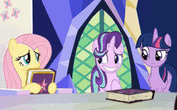 Size: 645x402 | Tagged: safe, derpibooru import, screencap, fluttershy, starlight glimmer, twilight sparkle, twilight sparkle (alicorn), alicorn, pegasus, pony, unicorn, fame and misfortune, animated, book, eye contact, female, friendship journal, frown, gif, grin, looking at each other, mare, nervous, nervous grin, raised eyebrow, raised hoof, shifty eyes, sitting, smiling, squee