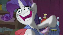 Size: 686x390 | Tagged: safe, derpibooru import, screencap, rarity, pony, unicorn, fame and misfortune, animated, creepy, creepy smile, crying, derp, faic, grin, insanity, makeup, marshmelodrama, mascara, nightmare fuel, no sound, rariderp, rarisnap, running makeup, smiling, solo, webm, why i'm creating a gown darling