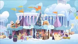 Size: 1920x1080 | Tagged: safe, derpibooru import, screencap, amber ink, cloud kicker, crescent pony, mane moon, purple waters, sunshower raindrops, twilight sparkle, twilight sparkle (alicorn), alicorn, pegasus, pony, fame and misfortune, book store, bookseller, cloud, cloudsdale, discovery family logo, female, male, mare, stallion