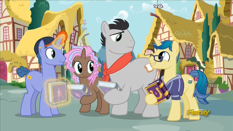 Size: 1920x1080 | Tagged: safe, derpibooru import, screencap, butter up, cocoa candy, first edition, royal gambit, pony, fame and misfortune, discovery family logo, female, friendship journal, magic, male, mare, stallion, telekinesis