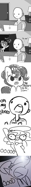 Size: 1650x9900 | Tagged: safe, artist:tjpones, derpibooru import, oc, oc:brownie bun, oc:richard, unofficial characters only, earth pony, human, pony, horse wife, breaking the fourth wall, budget cuts, chest fluff, clothes, comic, computer, dialogue, door, ear fluff, grayscale, lamp, monochrome, screaming, stylistic suck