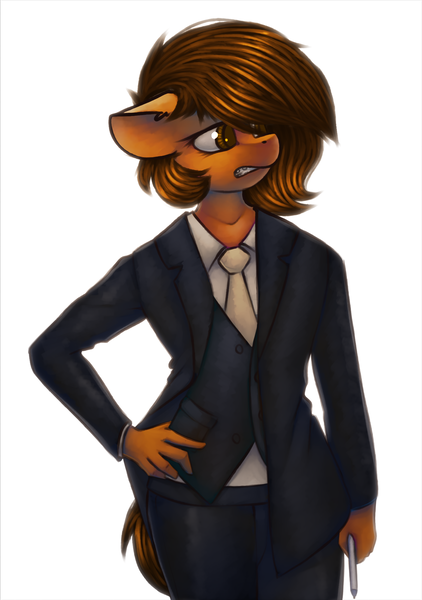 Size: 1414x2012 | Tagged: anthro, artist:marsminer, business suit, clothes, colored pupils, derpibooru import, female, hand on hip, necktie, oc, oc:venus spring, pants, pen, safe, solo, standing, suit, three piece suit, unofficial characters only