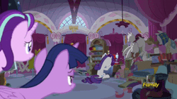 Size: 600x338 | Tagged: safe, derpibooru import, screencap, rarity, starlight glimmer, twilight sparkle, twilight sparkle (alicorn), alicorn, pony, fame and misfortune, animated, derp, faic, gif, insanity, makeup, nightmare fuel, rarisnap, running makeup, why i'm creating a gown darling
