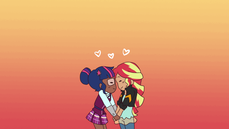 Size: 1280x720 | Tagged: safe, artist:tycoontykun, derpibooru import, sci-twi, sunset shimmer, twilight sparkle, equestria girls, animated, clothes, crystal prep academy uniform, cuddling, cute, dark skin, eyes closed, female, gif, heart, holding hands, human coloration, lesbian, school uniform, scitwishimmer, shimmerbetes, shipping, simple background, sunsetsparkle, twiabetes