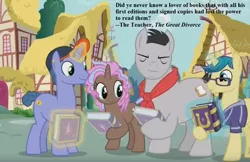 Size: 1006x651 | Tagged: safe, derpibooru import, edit, edited screencap, screencap, butter up, cocoa candy, first edition, royal gambit, earth pony, pony, unicorn, fame and misfortune, book, c.s. lewis, cropped, female, friendship journal, magic, magic aura, male, mare, quote, stallion, text, the great divorce (book)