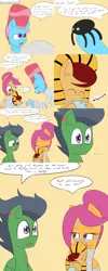 Size: 1600x4000 | Tagged: safe, artist:jake heritagu, derpibooru import, cup cake, rumble, scootaloo, oc, oc:lightning blitz, pegasus, pony, spider, undead, zombie, zombie pony, comic:ask motherly scootaloo, ..., baby, baby pony, bride of frankenstein, cast, chewing, clothes, colt, comic, costume, dialogue, eating, female, holding a pony, male, mother and son, motherly scootaloo, mummy, nightmare night, offspring, older, older scootaloo, parent:rain catcher, parent:scootaloo, parents:catcherloo, pharaoh, rumbloo, shipping, speech bubble, straight
