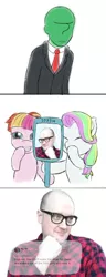 Size: 1000x2600 | Tagged: safe, artist:mkogwheel, derpibooru import, edit, coconut cream, toola roola, oc, oc:anon, earth pony, human, pony, fame and misfortune, comic, drama, eyes closed, female, filly, jim miller, laughing, laughingmares.jpg, meta, mirror, smiling, twitter, vulgar