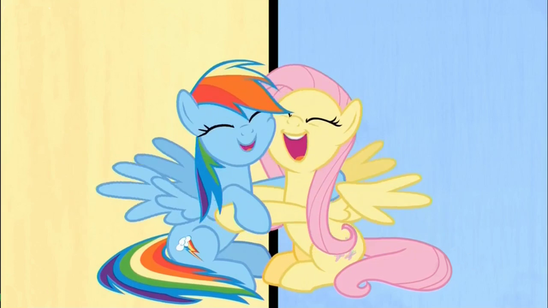 Size: 1280x720 | Tagged: safe, derpibooru import, screencap, fluttershy, rainbow dash, pegasus, pony, fame and misfortune, cute, dashabetes, duo, eyes closed, female, flawless, friendshipping, happy, hug, mare, open mouth, shyabetes, sitting