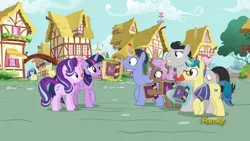 Size: 1920x1080 | Tagged: safe, derpibooru import, screencap, bon bon, butter up, cocoa candy, first edition, goldengrape, royal gambit, sir colton vines iii, starlight glimmer, sweetie drops, twilight sparkle, twilight sparkle (alicorn), alicorn, pony, unicorn, fame and misfortune, book, female, friendship journal, glowing horn, levitation, magic, male, mare, ponyville, stallion, telekinesis