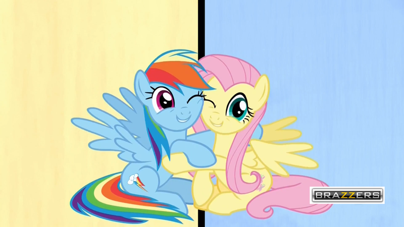 Size: 1920x1080 | Tagged: suggestive, derpibooru import, edit, edited screencap, screencap, fluttershy, rainbow dash, pony, fame and misfortune, brazzers, cute, dashabetes, duality, female, flutterdash, hug, lesbian, meme, shipping, shyabetes