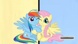 Size: 1920x1080 | Tagged: suggestive, derpibooru import, edit, edited screencap, screencap, fluttershy, rainbow dash, pony, fame and misfortune, brazzers, cute, dashabetes, duality, female, flutterdash, hug, lesbian, meme, shipping, shyabetes