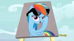 Size: 1920x1080 | Tagged: safe, derpibooru import, screencap, rainbow dash, pony, fame and misfortune, billboard, discovery family logo, flawless, solo, sunglasses