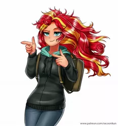 Size: 1600x1713 | Tagged: safe, artist:racoonsan, derpibooru import, sunset shimmer, eqg summertime shorts, equestria girls, monday blues, backpack, bed hair, clothes, cute, female, finger gun, finger guns, flowing hair, hoodie, jeans, lidded eyes, majestic as fuck, pants, shimmerbetes, simple background, smiling, smirk, solo, sunset fonz, white background, wind