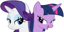 Size: 10081x5119 | Tagged: safe, artist:pink1ejack, derpibooru import, rarity, twilight sparkle, twilight sparkle (alicorn), alicorn, pony, fame and misfortune, absurd resolution, duo, female, flawless, lidded eyes, mare, open mouth, simple background, smiling, transparent background, vector