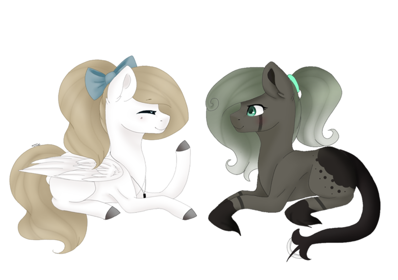 Size: 960x675 | Tagged: safe, artist:tinatina-8, derpibooru import, oc, oc:akaszi, unofficial characters only, earth pony, pegasus, pony, bow, female, hair bow, mare, prone, simple background, transparent background