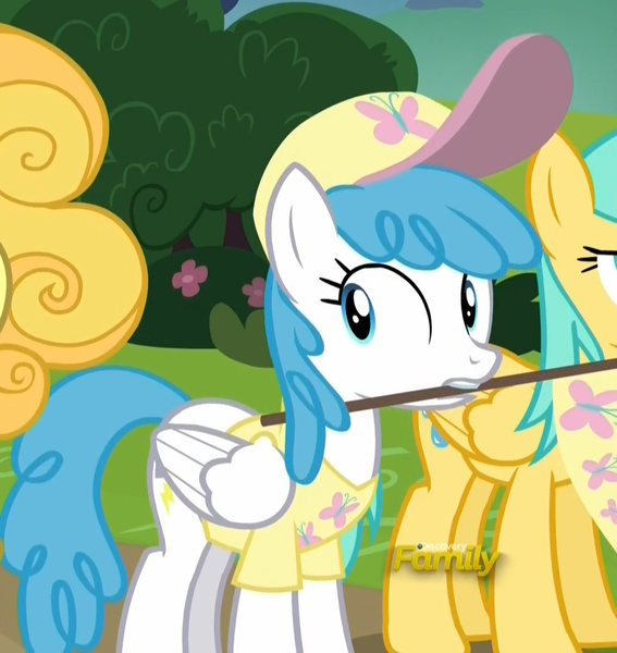 Size: 1020x1080 | Tagged: safe, derpibooru import, screencap, lightning bolt, sunshower raindrops, white lightning, pegasus, pony, fame and misfortune, background pony, baseball cap, cap, clothes, discovery family logo, female, flag, hat, mare, mouth hold, shirt, solo focus, t-shirt, team fluttershy