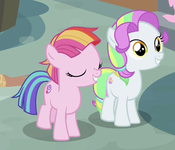 Size: 593x508 | Tagged: safe, derpibooru import, screencap, coconut cream, toola roola, earth pony, pony, fame and misfortune, animated, cute, eye contact, eyes closed, female, filly, gif, grin, hug, looking at each other, open mouth, roolabetes, smiling