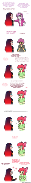 Size: 384x2232 | Tagged: safe, artist:crydius, derpibooru import, apple bloom, scootaloo, sweetie belle, twilight sparkle, oc, oc:gamma, android, butterfly, robot, equestria girls, awkward, clothes, comic, crossover, cute, cutie mark crusaders, female, friendship, gradient hair, implied lesbian, implied shipping, implied silverbelle, magical lesbian spawn, meet gamma, offspring, parent:sci-twi, parent:sunset shimmer, parent:twilight sparkle, parents:scitwishimmer, parents:sunsetsparkle, pokémon, scientific lesbian spawn, simple background, smiling, touch, transparent background, wingding eyes, yandere