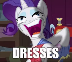 Size: 538x461 | Tagged: safe, derpibooru import, edit, edited screencap, screencap, rarity, pony, unicorn, fame and misfortune, caption, crying, faic, female, image macro, insanity, makeup, mare, meme, obsession, rarisnap, running makeup, solo, that pony sure does love dresses, why i'm creating a gown darling