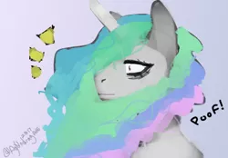 Size: 1550x1080 | Tagged: safe, artist:itzdatag0ndray, derpibooru import, princess celestia, pony, curly hair, painting, poof, shocked, solo, surprised, wavy mane