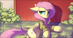 Size: 1677x877 | Tagged: safe, artist:ramiras, derpibooru import, fluttershy, pegasus, pony, fame and misfortune, bottomless, clothes, cute, dock, female, floppy ears, grass, looking back, mare, partial nudity, plot, scene interpretation, shyabetes, solo, sweater, sweatershy, wallpaper
