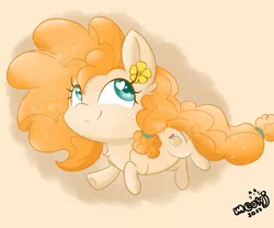 Size: 6000x5000 | Tagged: safe, artist:meowmavi, derpibooru import, pear butter, earth pony, pony, the perfect pear, absurd resolution, chibi, female, flower, flower in hair, heart, mare, simple background, smiling, solo, wingding eyes