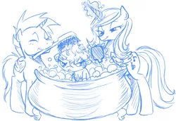 Size: 877x605 | Tagged: safe, artist:heart-of-stitches, derpibooru import, oc, oc:harmony star, unofficial characters only, alicorn, pony, alicorn oc, bath, bathtub, chest fluff, claw foot bathtub, eyes closed, female, filly, forced bathing, frown, glowing horn, horn, lineart, magic, male, mare, monochrome, mouth hold, sketch, smiling, stallion, telekinesis