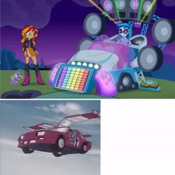 Size: 594x592 | Tagged: safe, derpibooru import, screencap, sunset shimmer, vinyl scratch, equestria girls, rainbow rocks, bassmobile, m.a.s.k