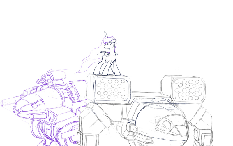 Size: 1226x766 | Tagged: safe, artist:stillwaterspony, derpibooru import, princess luna, pony, atg 2017, battletech, ebon jaguar, mecha, mechwarrior, newbie artist training grounds, rough sketch, sketch, timber wolf (battletech)