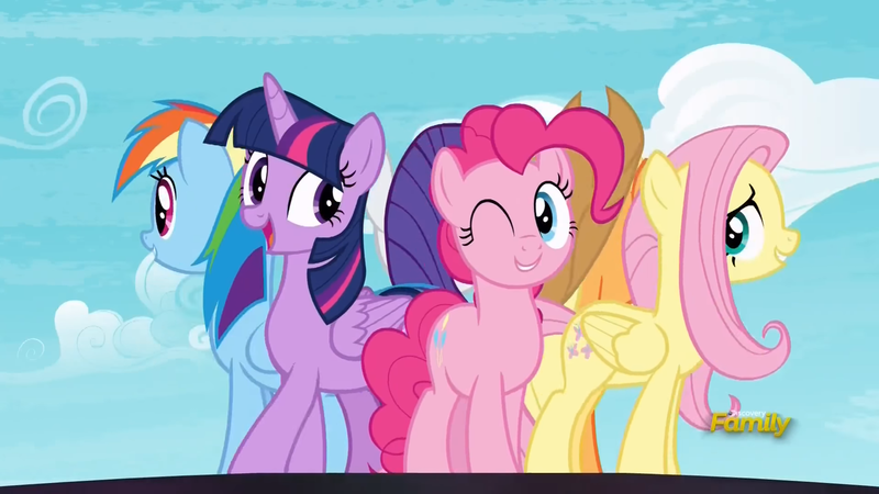 Size: 1920x1080 | Tagged: safe, derpibooru import, screencap, applejack, fluttershy, pinkie pie, rainbow dash, rarity, twilight sparkle, twilight sparkle (alicorn), alicorn, pony, fame and misfortune, discovery family logo, facing away, flawless, mane six, one eye closed, song, wink