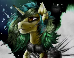 Size: 3103x2446 | Tagged: safe, artist:brainiac, derpibooru import, oc, oc:piper, unofficial characters only, pony, unicorn, fallout equestria, chest fluff, collar, female, grin, mare, pet collar, raider, raider armor, scar, smiling, solo, spiked armor, spikes