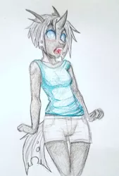 Size: 2732x4032 | Tagged: anthro, anthro oc, artist:askbubblelee, blushing, changeling, changeling oc, clothes, cuteling, derpibooru import, fangs, female, mare, oc, oc:imago, open mouth, safe, short hair, shorts, solo, surprised, tanktop, traditional art, unofficial characters only