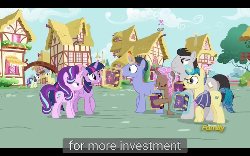 Size: 1920x1200 | Tagged: safe, derpibooru import, screencap, butter up, cocoa candy, first edition, royal gambit, starlight glimmer, twilight sparkle, twilight sparkle (alicorn), alicorn, pony, fame and misfortune, meme, youtube caption